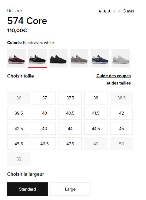 Choix des largeurs de sneakers New Balance